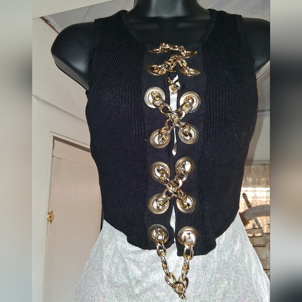 Honey Punch Black Crop Top with Gold Chain Accents
